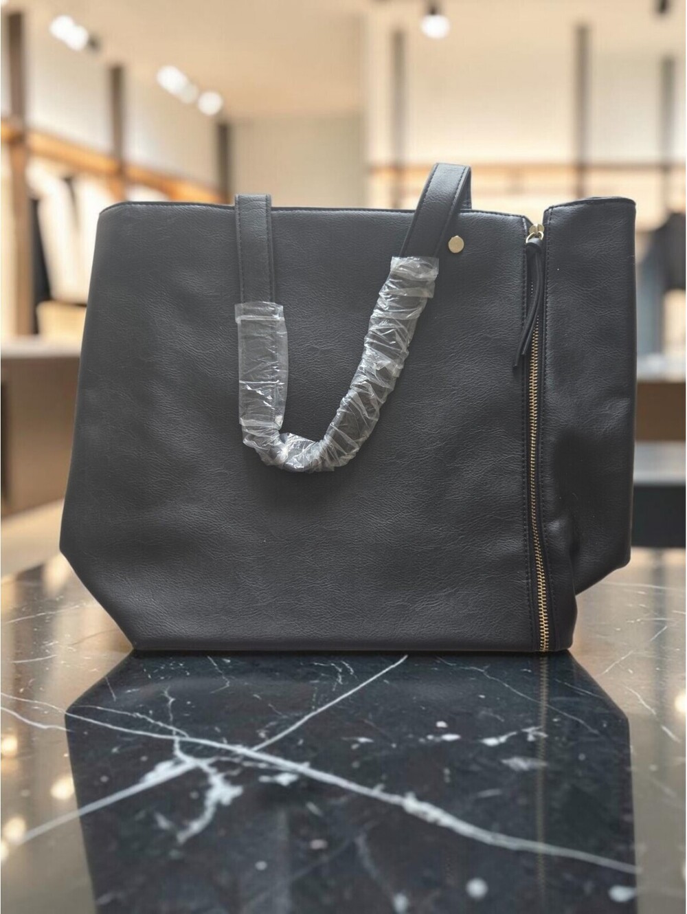 Neiman Marcus Black Tote Bag with Gold Expandable Side Zippers